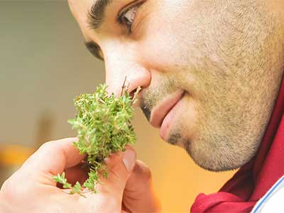 a chef smelling an herb